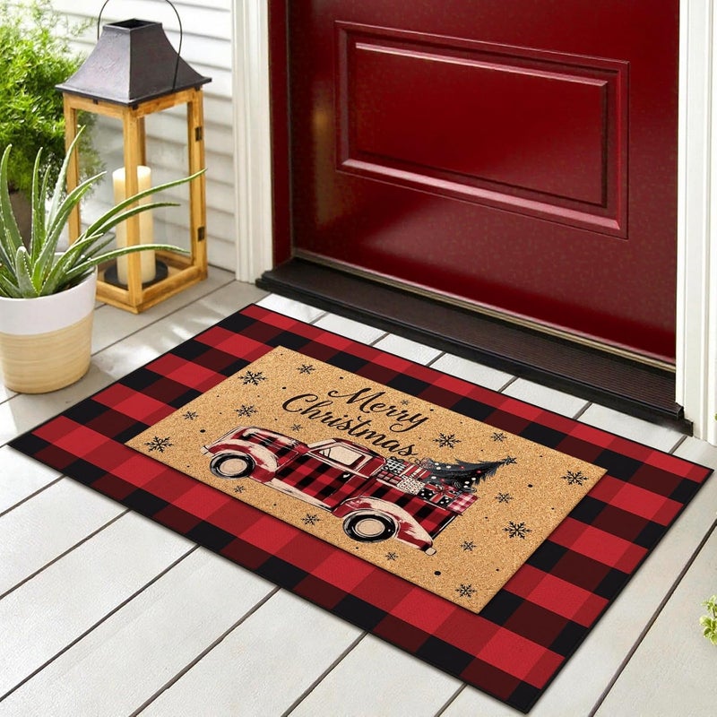 Fourluoo 2 Pcs Christmas Front Porch Rug Buffalo Plaid Christmas Door Mat Imitation Coco Coir Red Truck Xmas Welcome Layering Rug for Outdoor Winter Home Festival Holiday Decor, 28 x 43 Inch - Image 1